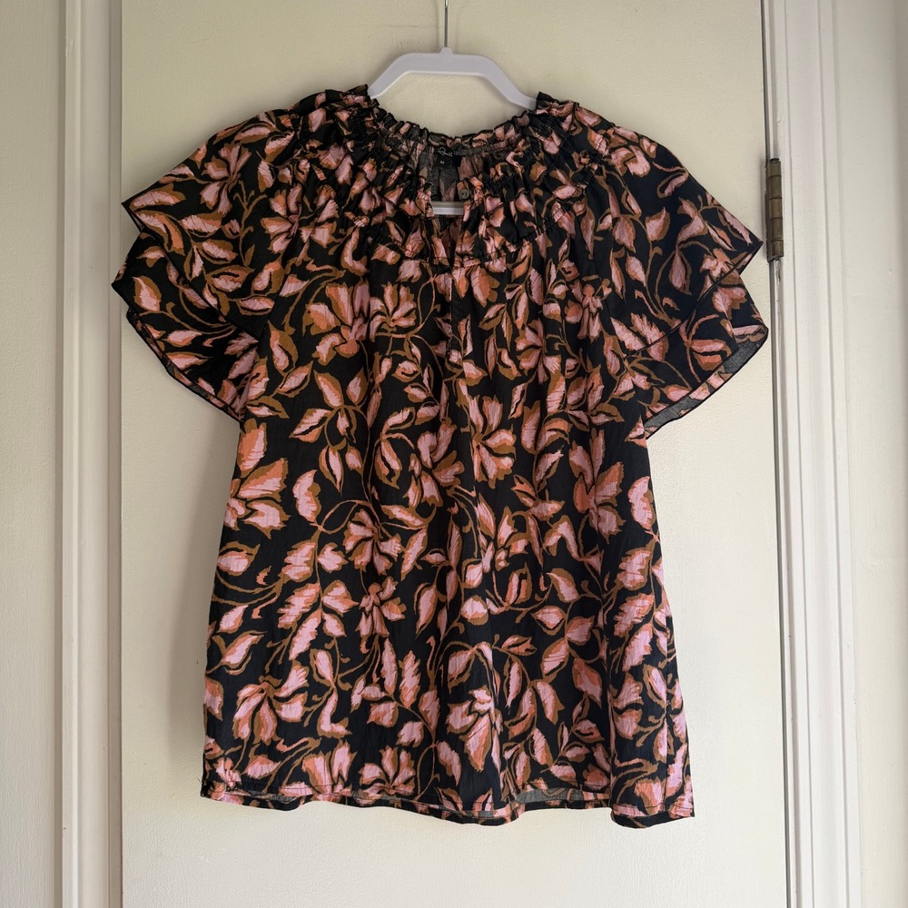 Rails Kamila Jasmine Floral Smocked Ruffle Flutter Sleeve Blouse Black Pink M